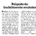 Weinprobe des Geschichtsvereins verschoben Weinprobe des Geschichtsvereins verschoben